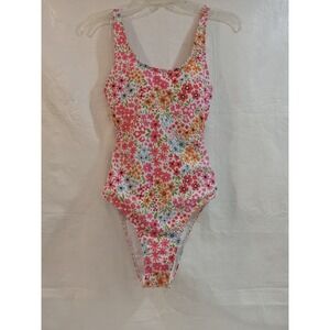 Floral One Piece Swimsuit Pink Orange White Open Tie Back High Cut Small